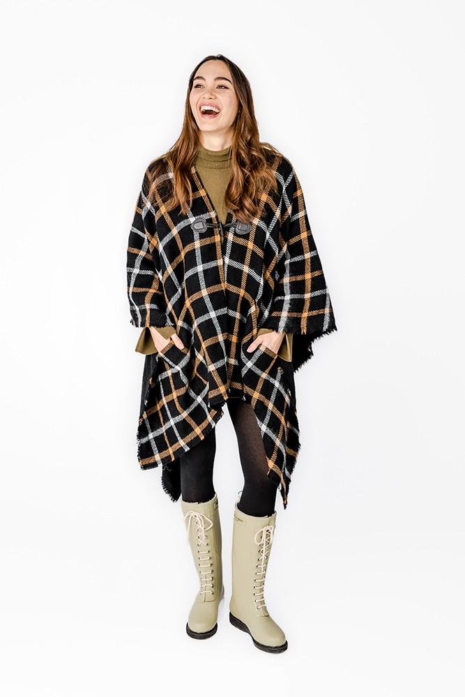 Abbacino Poncho con estampado a cuadros negro