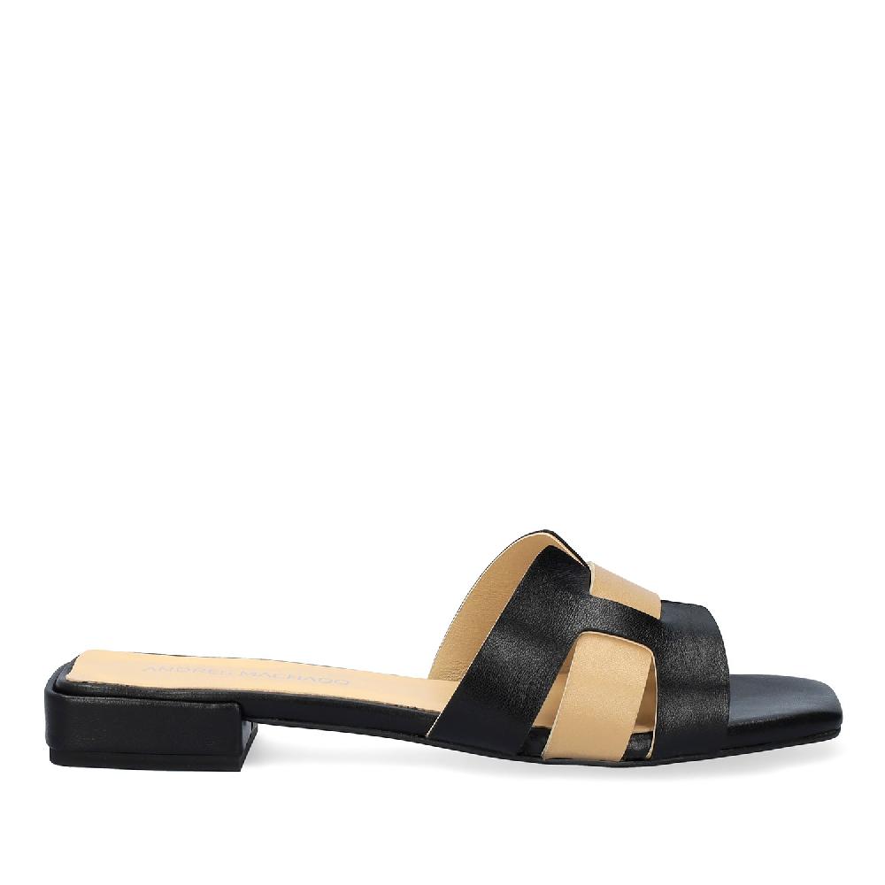 Andres machado Sandalia plana en piel negro y beige Precios de Black Friday