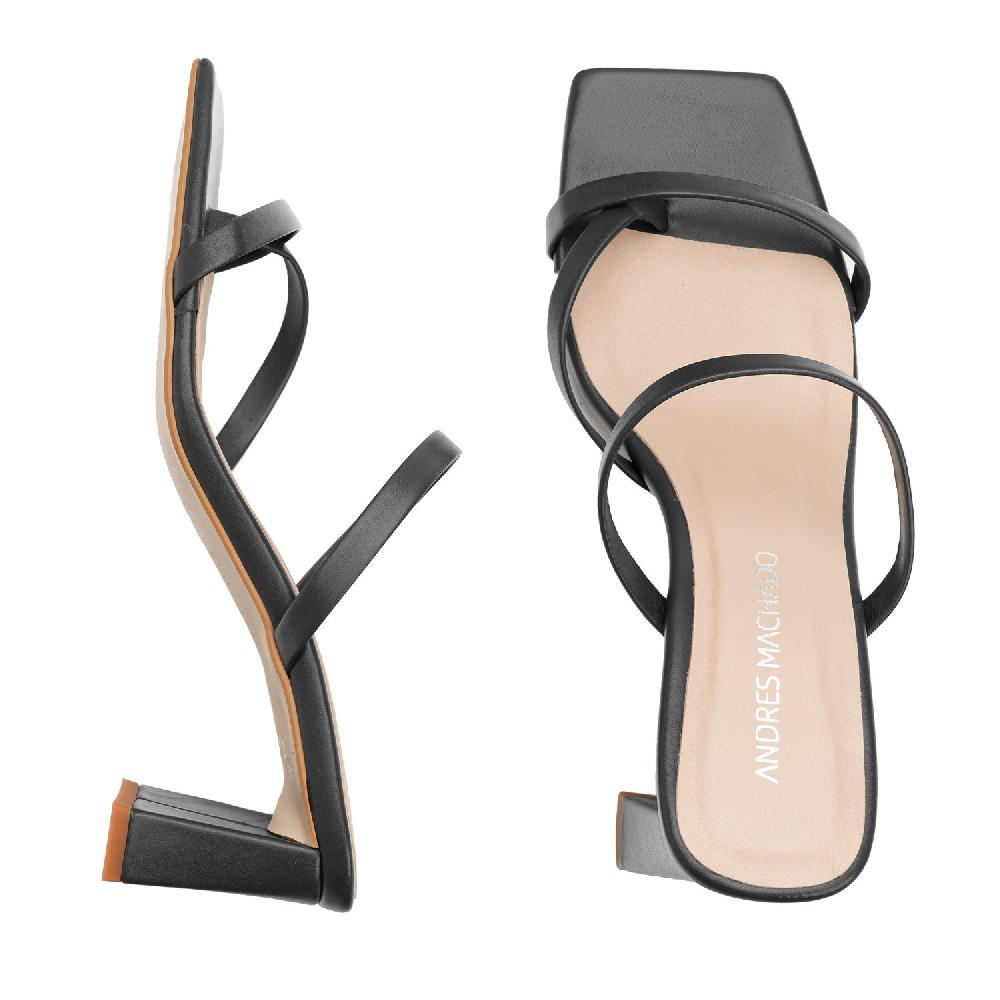 Andres machado Mule de tacón en piel negro de punta cuadrada Outlet online