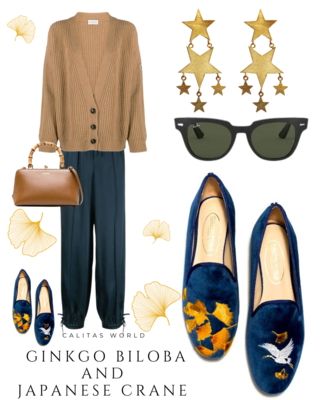 Calita Shoes ​LOAFERS MARINE 01TX VELVET GINKGO BILOBA AND JAPANESE CRANE Devoluciones gratuitas