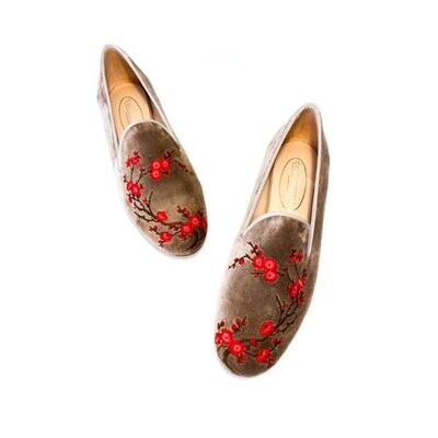 Calita Shoes ​LOAFERS BEIGE 5ACO VELVET PLUM BLOSSOM FLOWER Rebajas