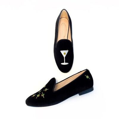 Calita Shoes ​LOAFERS BLACK VELVET MARTINI AND OLIVES. (MINI OLIVE LEFT HEEL) Tienda