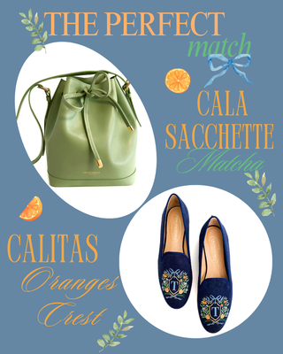 Calita Shoes ​LOAFERS NAVY LINEN FLORAL/ORANGES CREST MONOGRAM (SAME INITIAL BOTH FEET) R22 Grandes descuentos