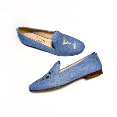 Calita Shoes ​LOAFERS LIGHT BLUE 22CO LINEN MARTINI AND OLIVES. (MINI OLIVE LEFT HEEL) Venta caliente