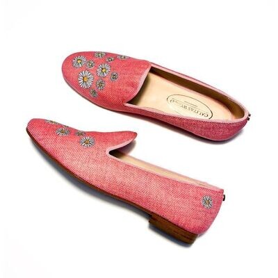 Calita Shoes ​LOAFERS PINK BUBBLEGUM 224PV LINEN DAISIES. (MINI DAISY LEFT HEEL) Ventas relámpago