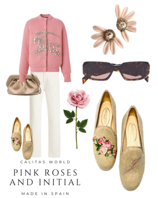 Calita Shoes ​LOAFERS NATURAL LINEN PINK ROSES AND PINK INITIALS Oferta especial
