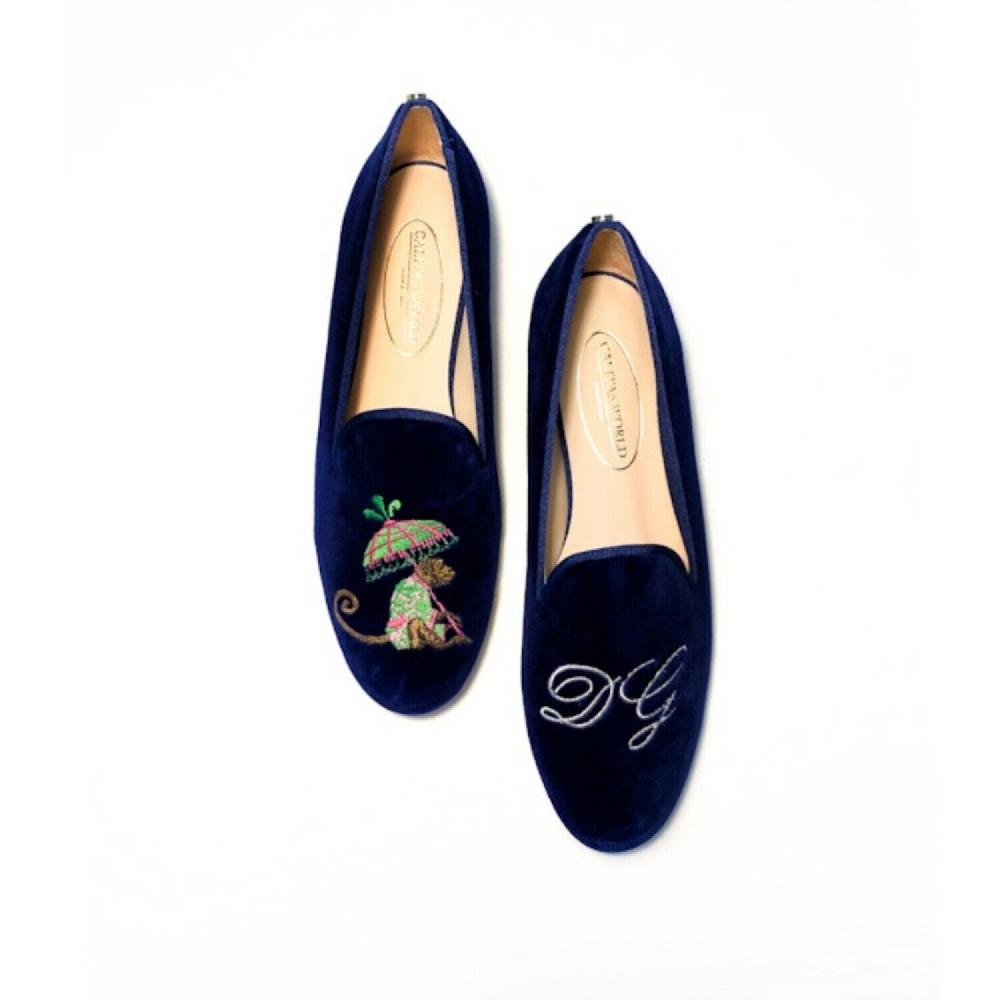 Calita Shoes LOAFERS NAVY BLUE 9CO VELVET MONKEY WITH UMBRELLA AND SILVER INITIALS