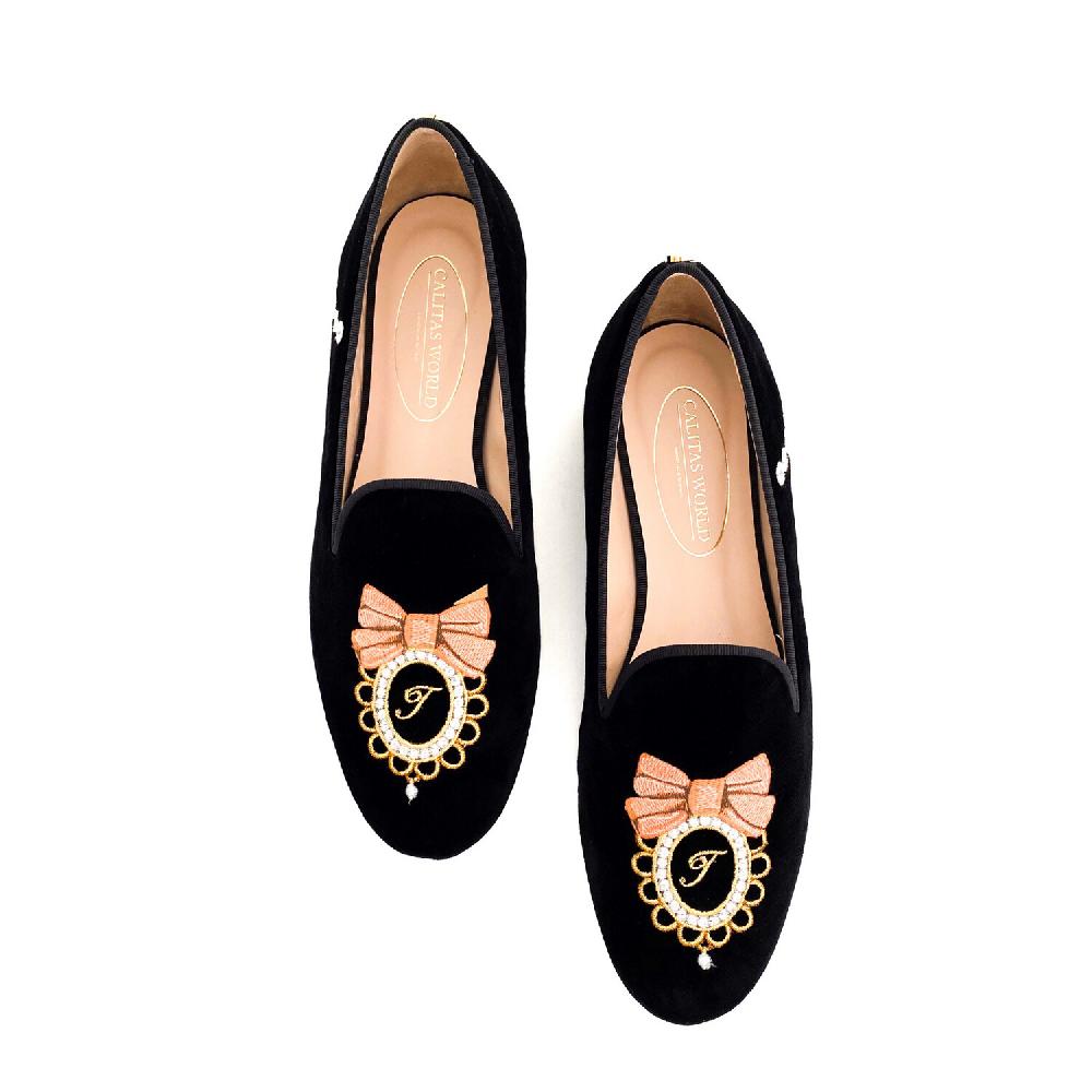 Calita Shoes LOAFERS FLANEUR BLACK VELVET GOLDEN INITIALS INSIDE MEDALLION