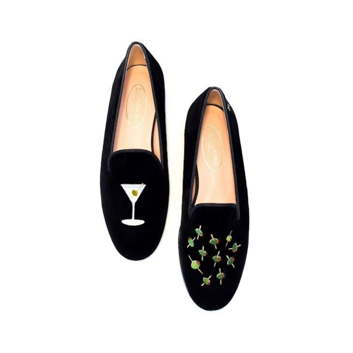 Calita Shoes LOAFERS MEN BLACK VELVET MARTINI AND OLIVES. (MINI OLIVE LEFT HEEL)