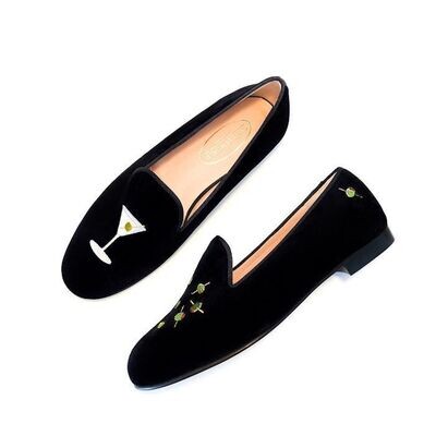 Calita Shoes ​LOAFERS MEN BLACK VELVET MARTINI AND OLIVES. (MINI OLIVE LEFT HEEL) Precio ultrabajo