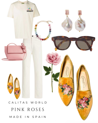 Calita Shoes ​POINTY MUSTARD VELVET PINK ROSES Liquidación