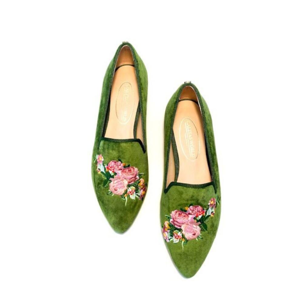 Calita Shoes ​POINTY GREEN 7ACO VELVET PINK ROSES Mejor oferta