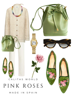 Calita Shoes ​POINTY GREEN 7ACO VELVET PINK ROSES Mejor oferta