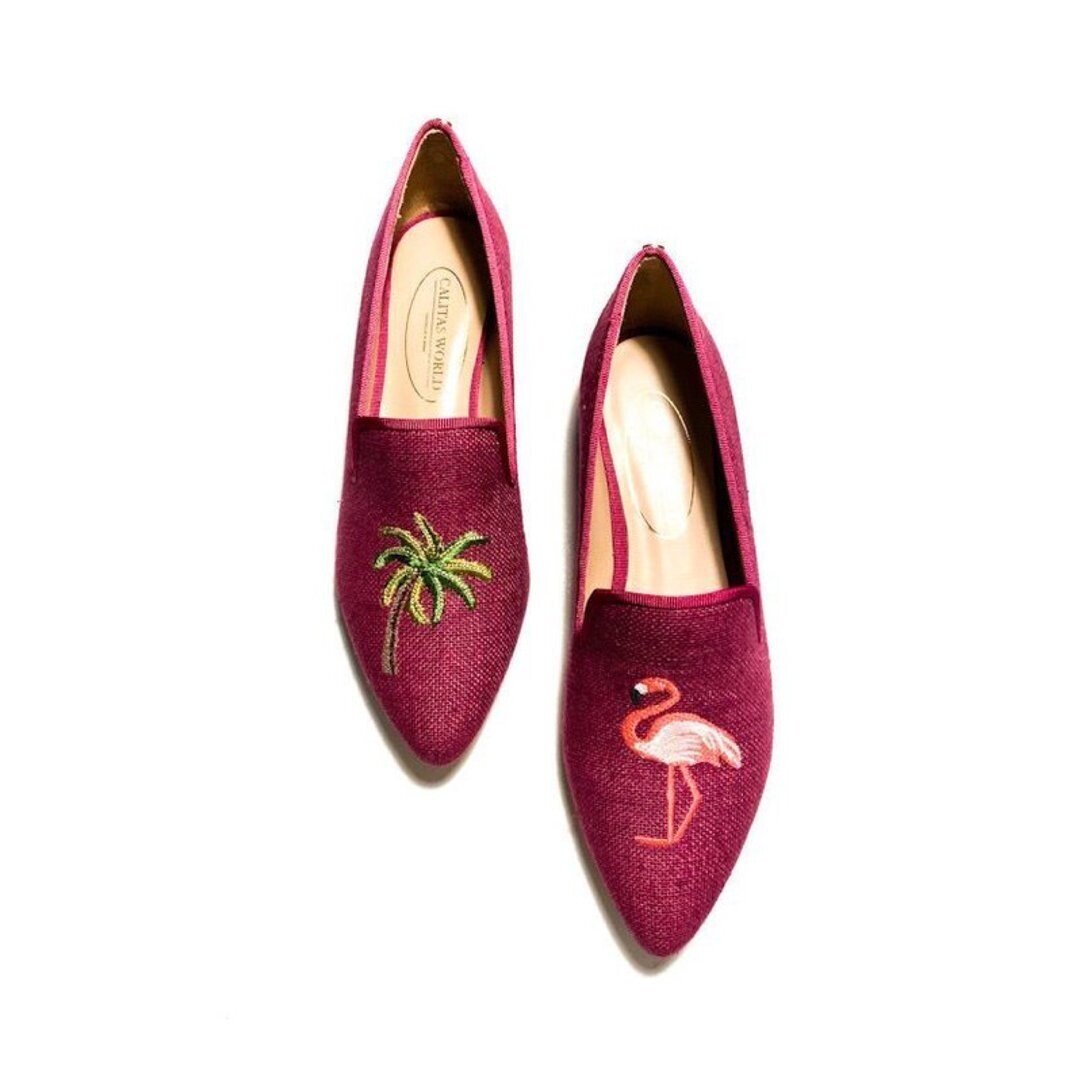 Calita Shoes ​POINTY FUCHSIA 515PV LINEN PALM TREE AND FLAMINGO Envío internacional gratuito