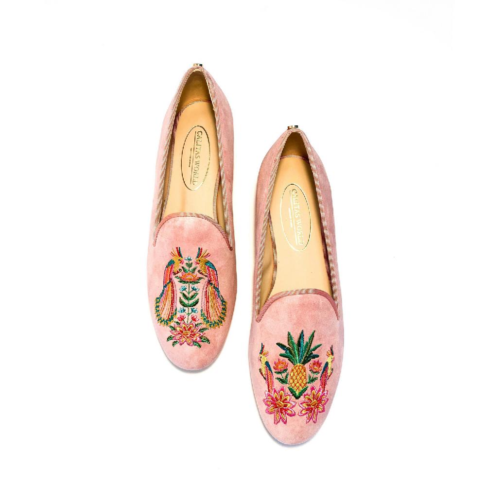 Calita Shoes LOAFERS PINK SUEDE TROPICAL BIRDS Devoluciones gratuitas