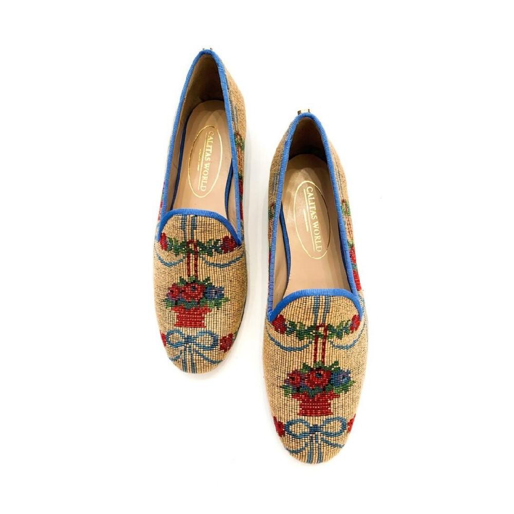 Calita Shoes ​LOAFERS NEEDDLEPOINT FLOWERS AND BOWS WITH BLUE RIM Ofertas