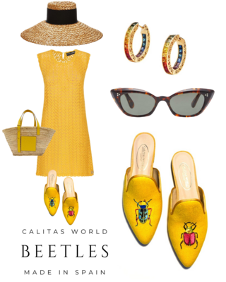 Calita Shoes ​MULES YELLOW CO LINEN BEETLES Ventas relámpago