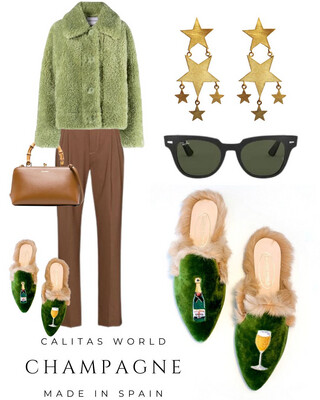 Calita Shoes ​MULES FUR GREEN 7ACO VELVET CHAMPAGNE AND CHAMPAGNE GLASS Oferta exclusiva