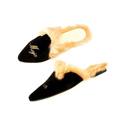 Calita Shoes ​MULES FUR BLACK VELVET GOLDEN NAME AND SURNAME Grandes ahorros