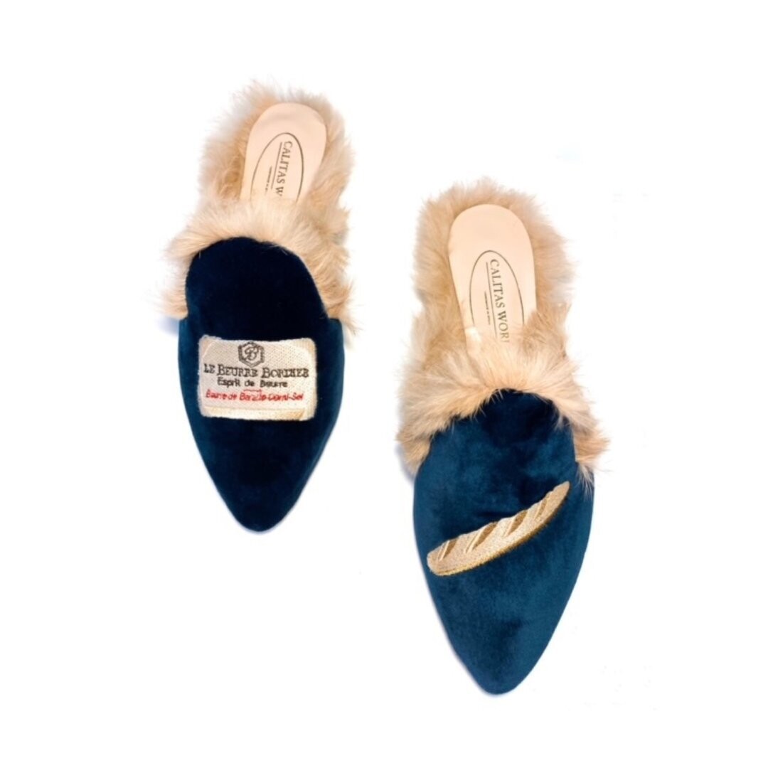 Calita Shoes ​MULES FUR PETROLEUM BLUE 7CO VELVET BREAD AND BUTTER
