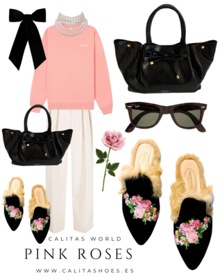 Calita Shoes ​MULES FUR BLACK VELVET PINK ROSES Descuento