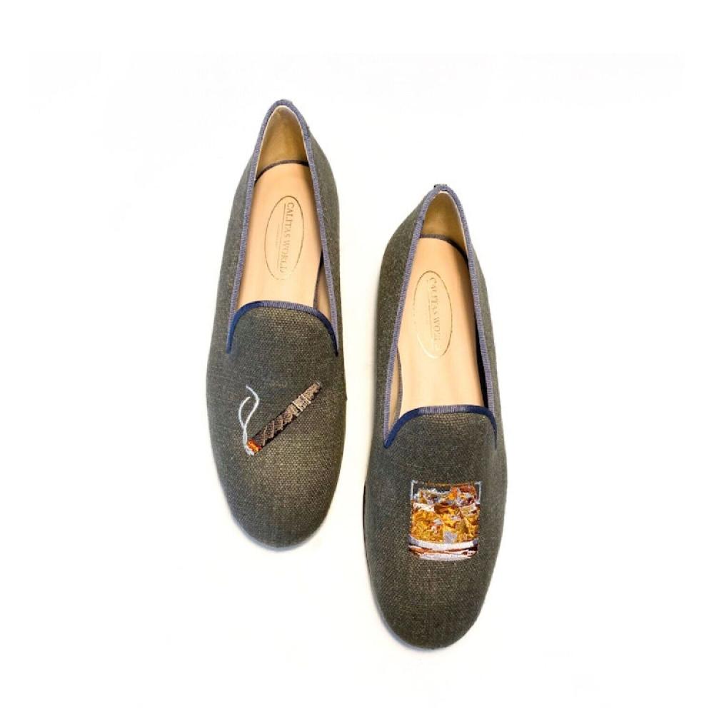 Calita Shoes ​LOAFERS MEN DARK GREEN 10A LINEN CIGAR AND WHISKEY