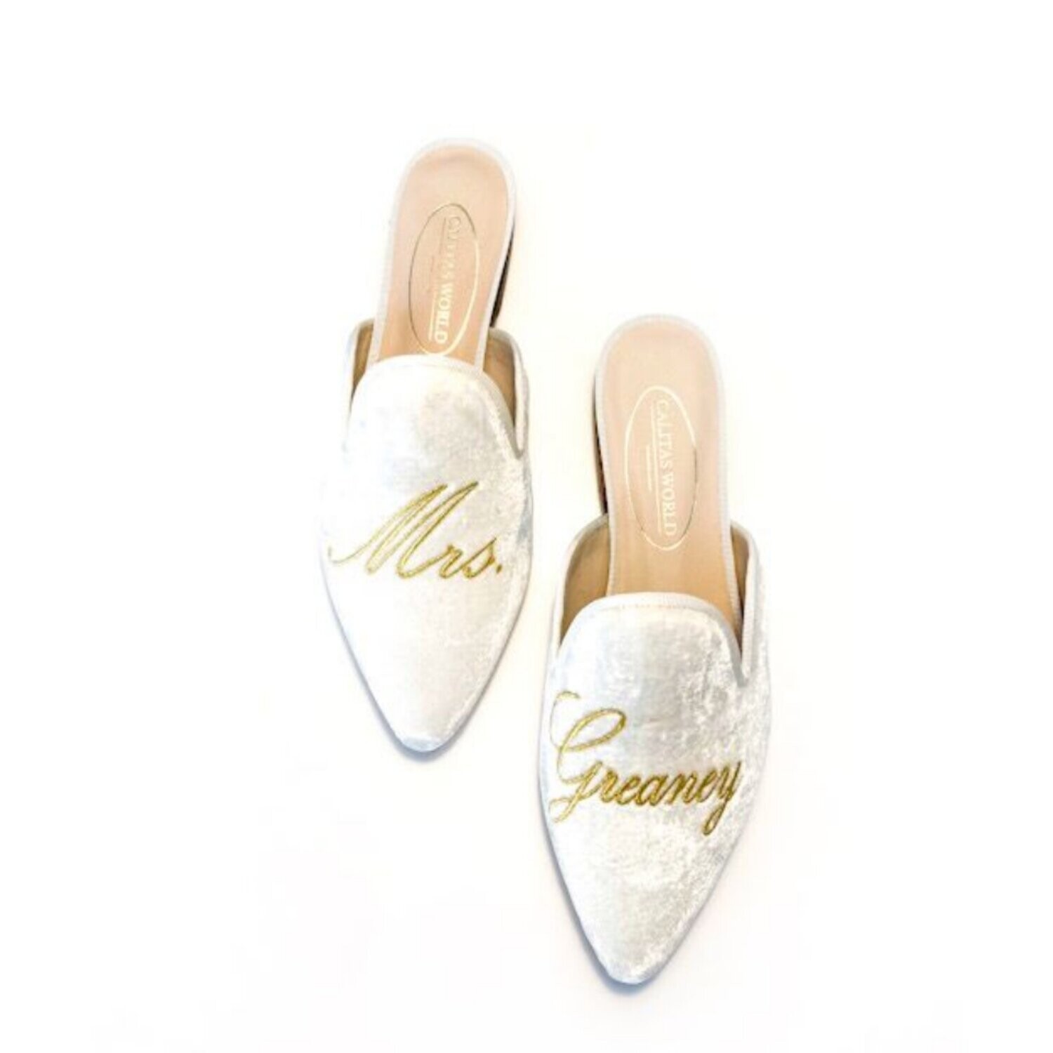 Calita Shoes MULES WHITE VELVET WEDDING EDITION MRS. AND PERSONALIZED NAME OR LAST NAME