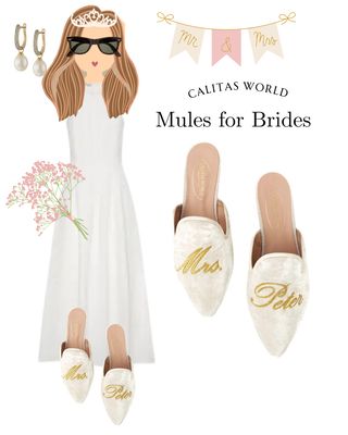 Calita Shoes ​MULES WHITE VELVET WEDDING EDITION MRS. AND PERSONALIZED NAME OR LAST NAME Precio ultrabajo