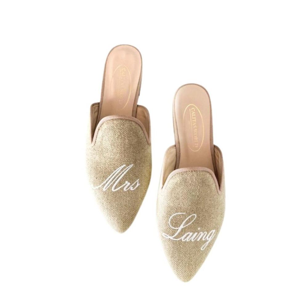 Calita Shoes MULES NATURAL LINEN WEDDING EDITION MRS. AND PERSONALIZED NAME OR LAST NAME Devoluciones gratuitas