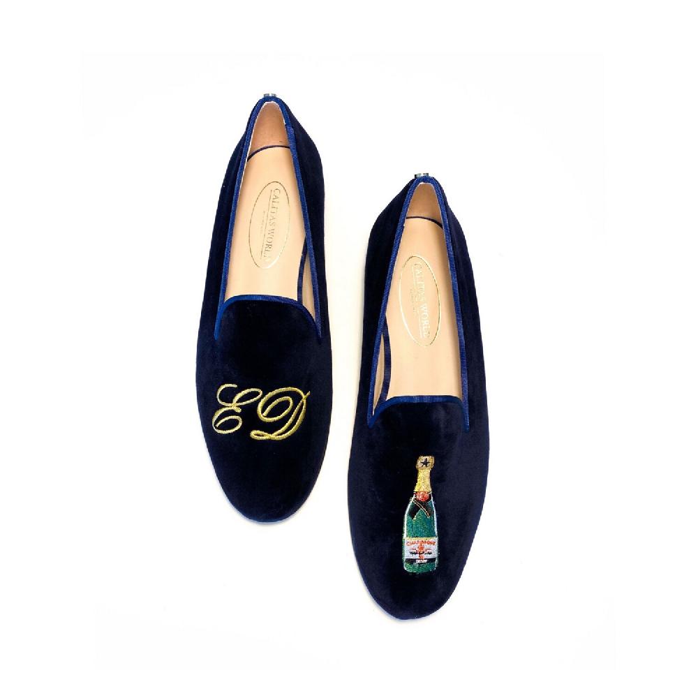 Calita Shoes LOAFERS MEN NAVY 9CO VELVET R22 GOLDEN INITIALS AND CHAMPAGNE