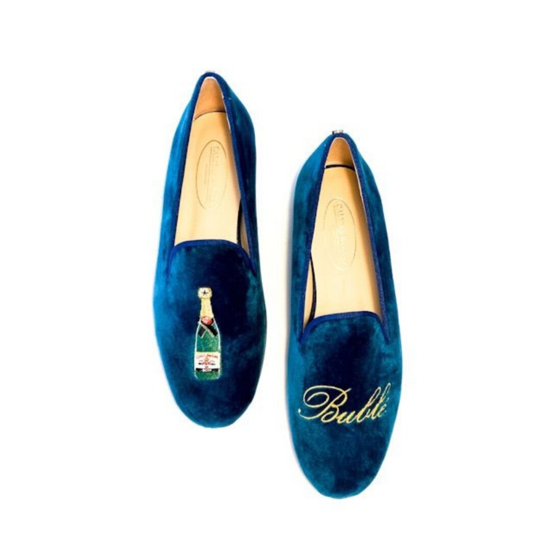 Calita Shoes LOAFERS MEN PETROLEUM BLUE TX VELVET CHAMPAGNE AND NAME OR INITIALS