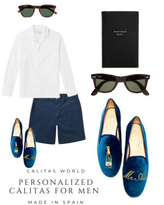 Calita Shoes ​LOAFERS MEN PETROLEUM BLUE TX VELVET CHAMPAGNE AND NAME OR INITIALS Solo queda un día