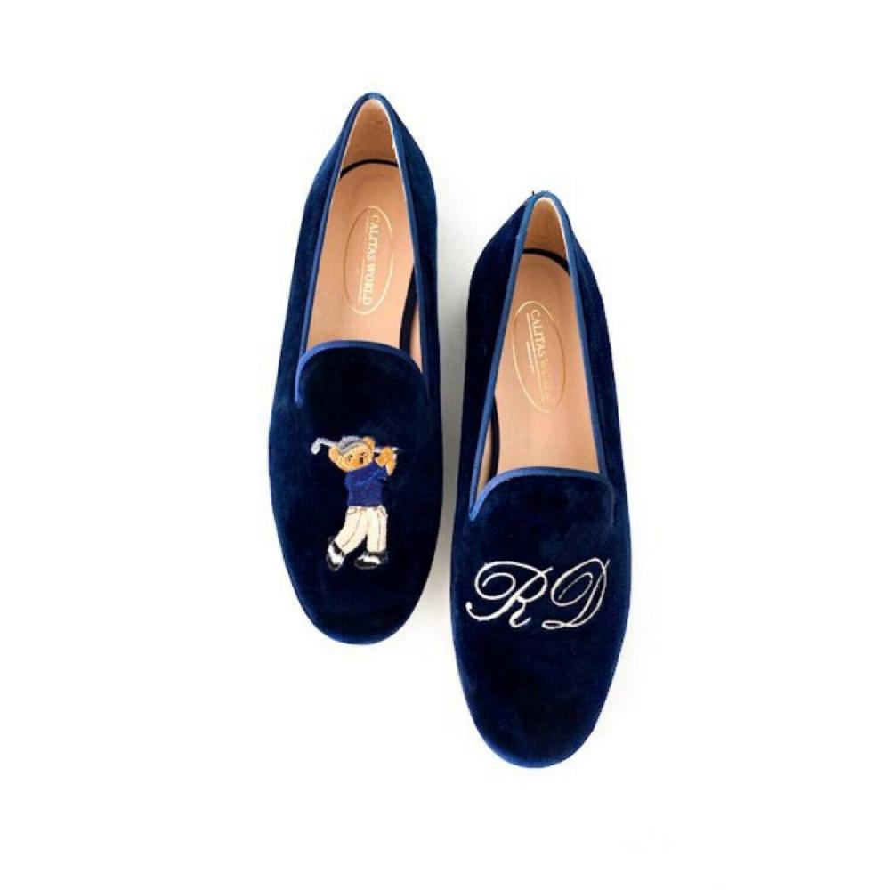 Calita Shoes LOAFERS MEN NAVY 9CO VELVET R22 GOLFER BEAR AND SILVER INITIALS
