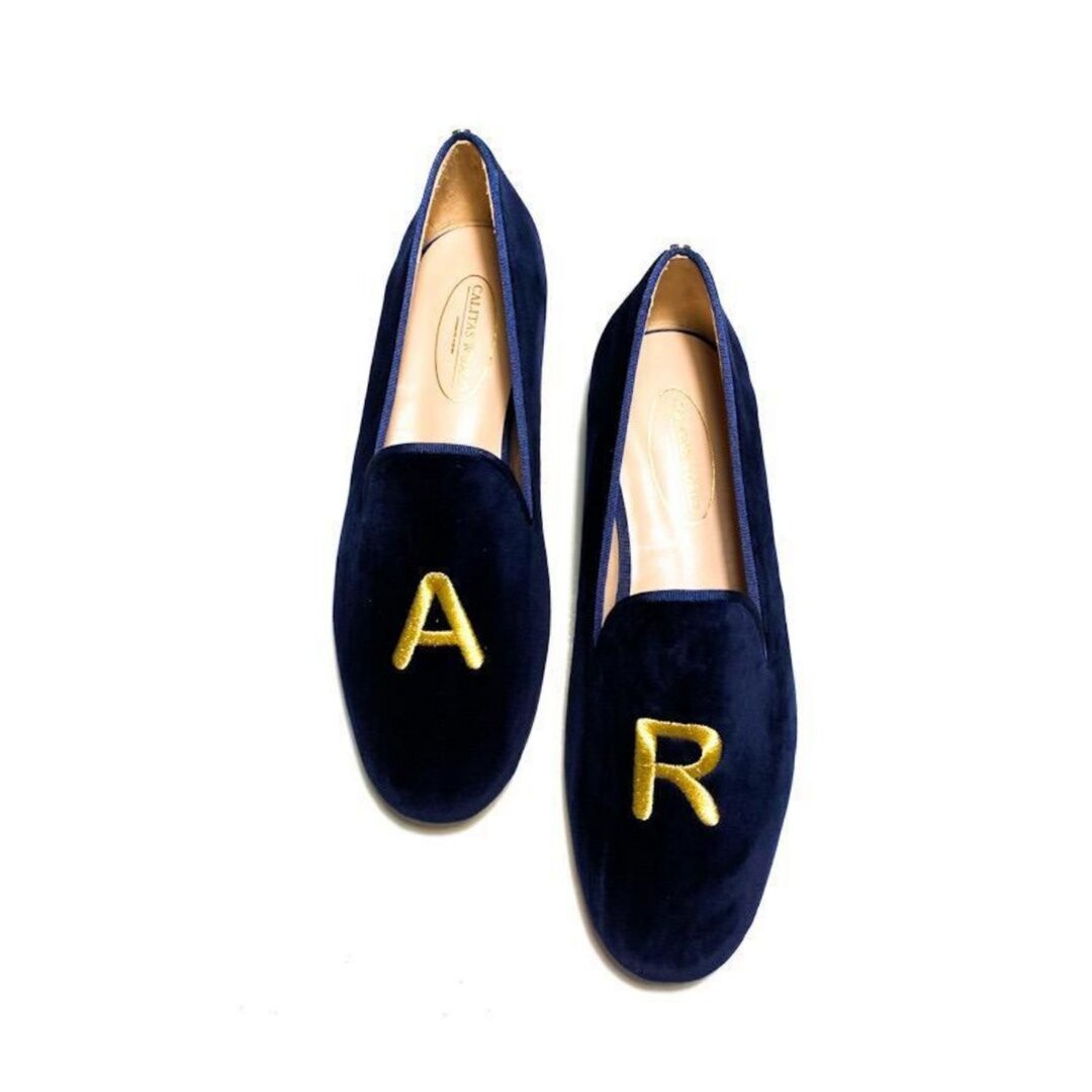 Calita Shoes ​LOAFERS MEN NAVY 9CO VELVET R22 BOLD INITIALS IN GOLD Tienda de fábrica