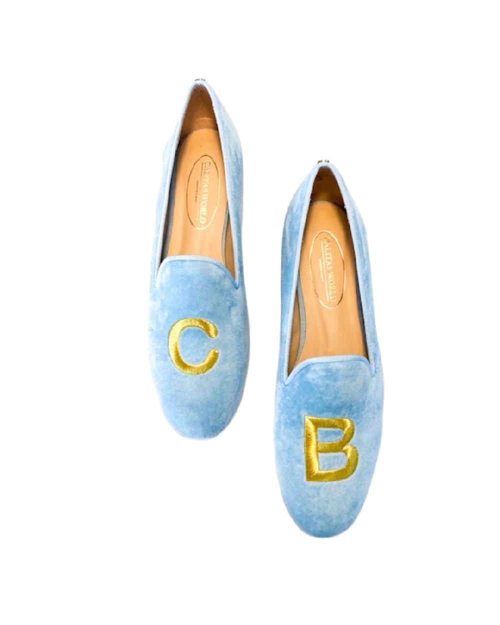 Calita Shoes LOAFERS LIGHT BLUE 07TX VELVET WITH GOLD OR SILVER INITIALS (BOLD)
