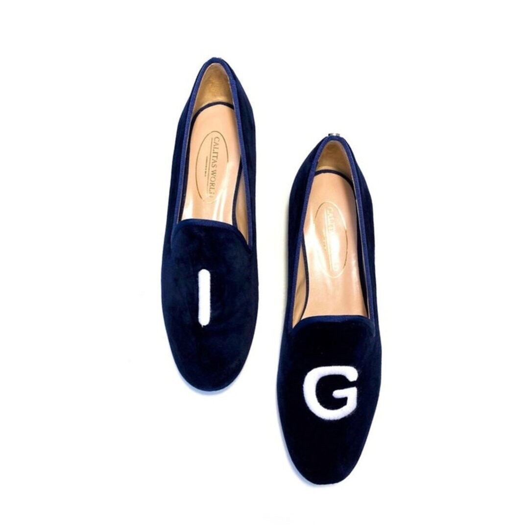 Calita Shoes LOAFERS NAVY BLUE 9CO R22 VELVET WITH WHITE INITIALS (BOLD)