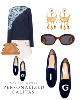 Calita Shoes LOAFERS NAVY BLUE 9CO R22 ​VELVET WITH WHITE INITIALS (BOLD) Ofertas de temporada