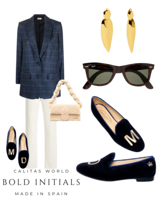 Calita Shoes LOAFERS NAVY BLUE 9CO R22 VELVET WITH BEIGE INITIALS (BOLD) AND CROWN ON THE HEEL Ofertas especiales