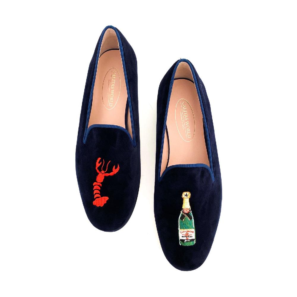 Calita Shoes LOAFERS MEN NAVY 9CO VELVET R22 LOBSTER AND CHAMPAGNE BOTTLE