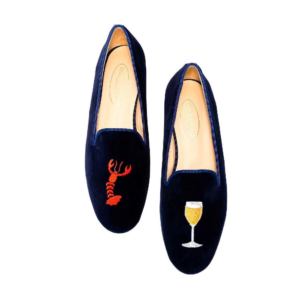 Calita Shoes LOAFERS MEN NAVY 9CO VELVET R22 LOBSTER AND CHAMPAGNE GLASS