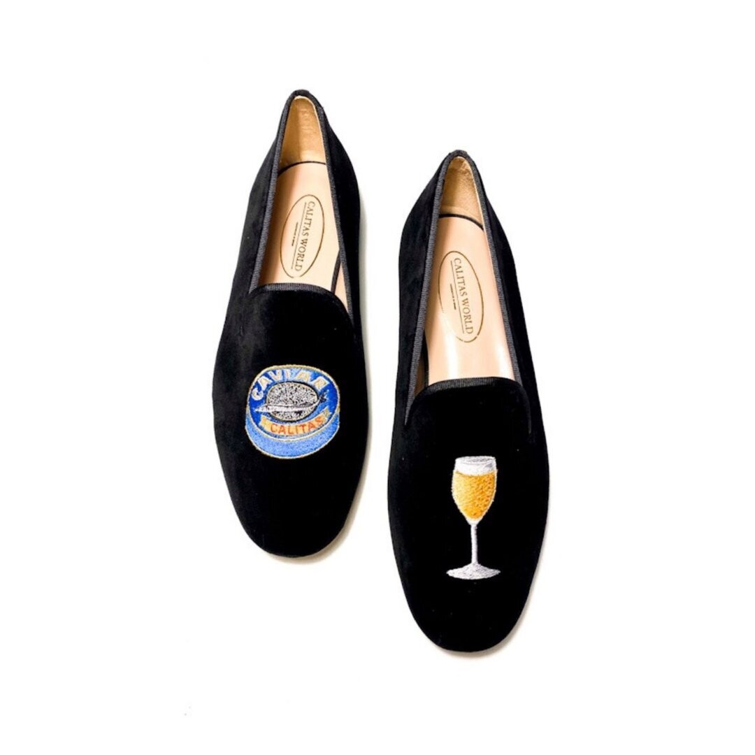 Calita Shoes ​LOAFERS MEN BLACK VELVET CAVIAR AND CHAMPAGNE GLASS Gran oferta