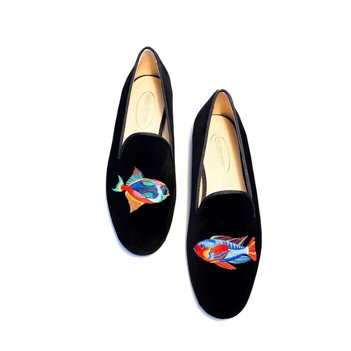 Calita Shoes ​LOAFERS MEN BLACK VELVET COLORFUL FISH Oferta especial de fábrica