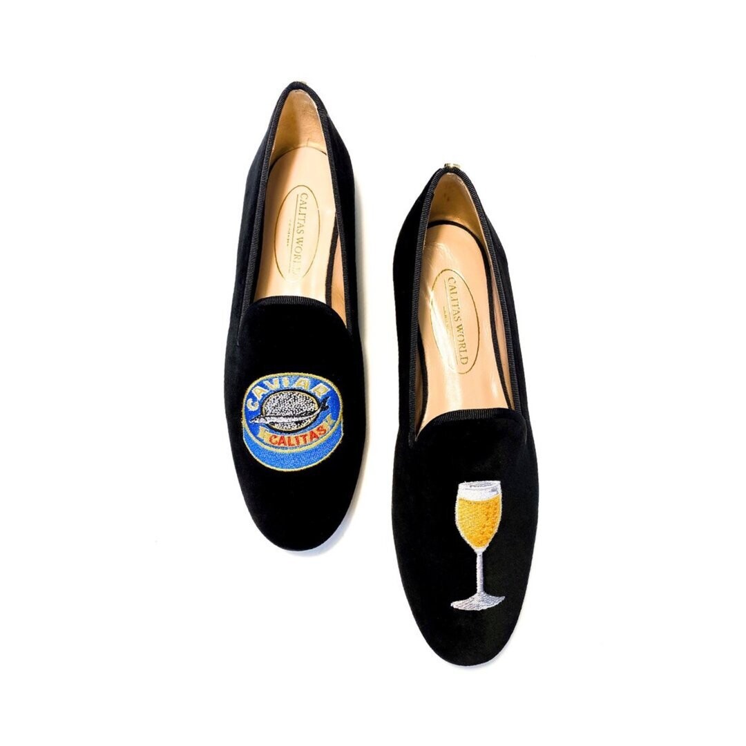 Calita Shoes ​LOAFERS BLACK VELVET CAVIAR AND CHAMPAGNE GLASS Grandes ahorros