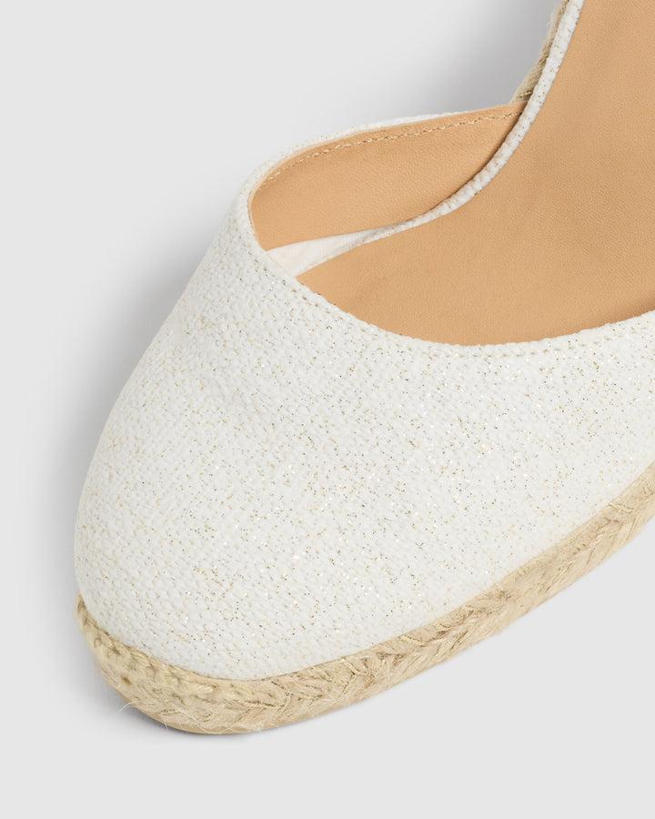 Castañer CASTAÑER | Alpargatas Carina en lino metalizado cierre mediante lazada y cuña de 9cm. – Castañer En línea