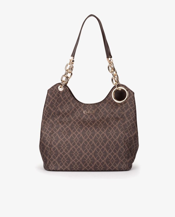 Cuplé MAXI SHOPPER MONOGRAM DE TECNOPIEL MARRÓN CON CADENA DORADA