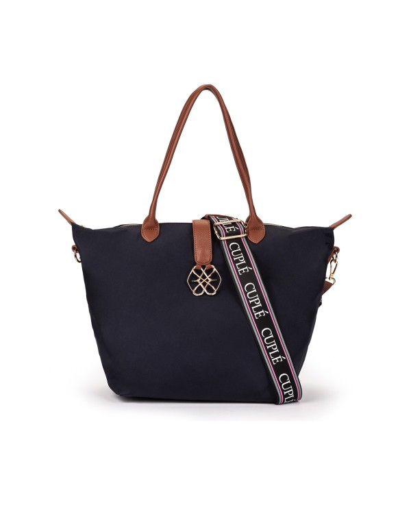 Cuplé SHOPPER DE NYLON AZUL MARINO CON ASAS CONTRASTANTES Y LOGO DORADO