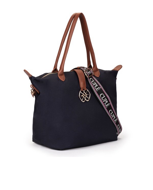 Cuplé SHOPPER DE NYLON AZUL MARINO CON ASAS CONTRASTANTES Y LOGO DORADO Oferta especial