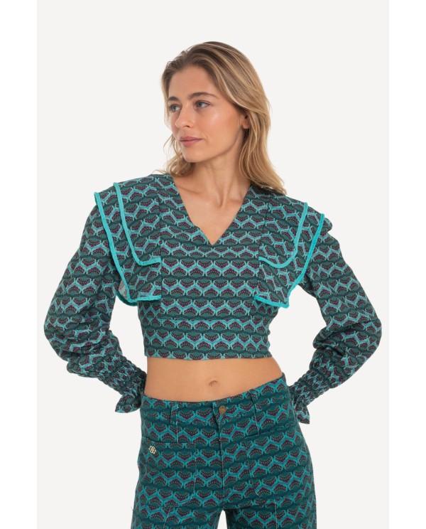 Cuplé CROP TOP CON SOLAPAS EN HOMBROS Y ESTAMPADO GEOMETRICO AZUL