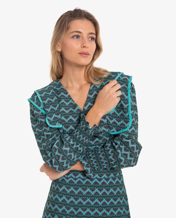 Cuplé CROP TOP CON SOLAPAS EN HOMBROS Y ESTAMPADO GEOMETRICO AZUL Precios de Black Friday