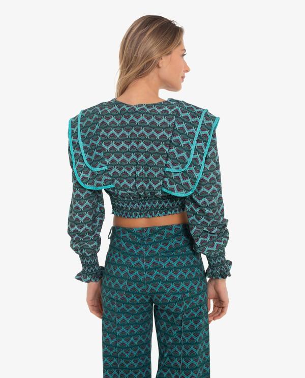 Cuplé CROP TOP CON SOLAPAS EN HOMBROS Y ESTAMPADO GEOMETRICO AZUL Precios de Black Friday